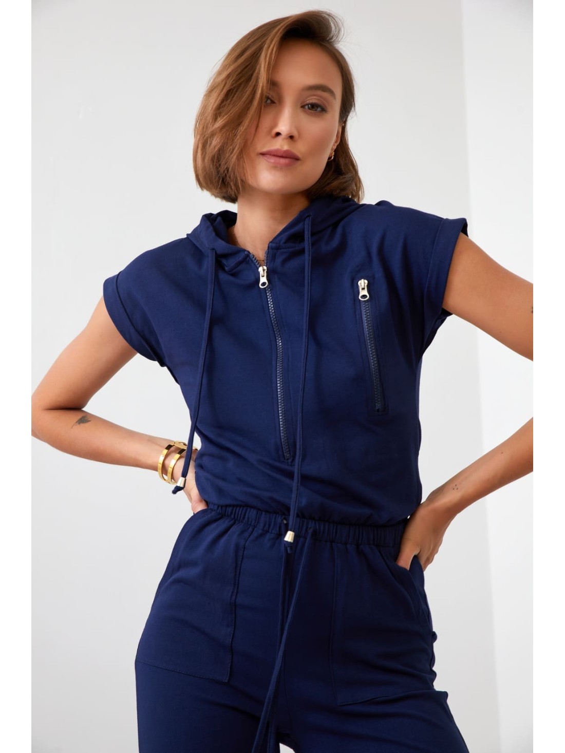 Women\'s navy blue hooded jumpsuit FK622 - Online store - Boutique